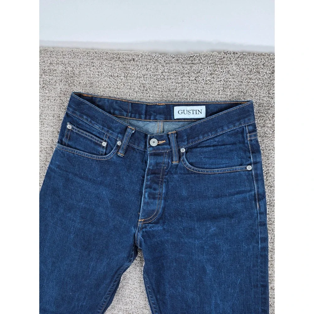 Gustin Mens Cone Mills Selvedge Denim Jeans Dark Indigo Blue 12.5oz Button Fly - Picture 4 of 15